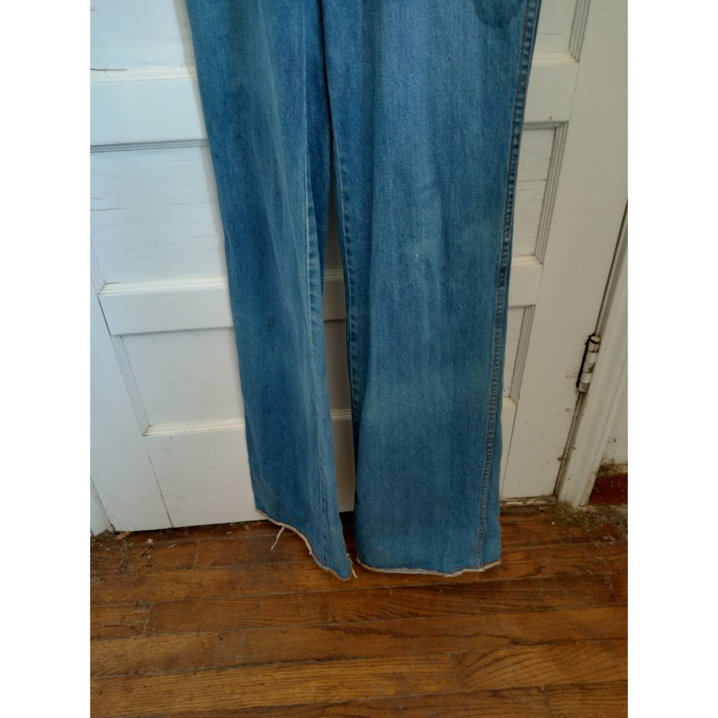 Anthony's (Hong Kong) overalls, size 5, zipper fly, unhemmed with worn edges,